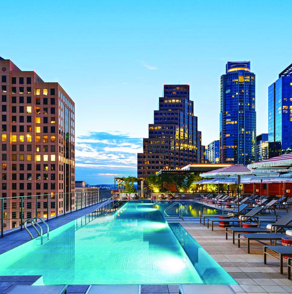 Rooftop pool overlooking the downtown Austin skyline