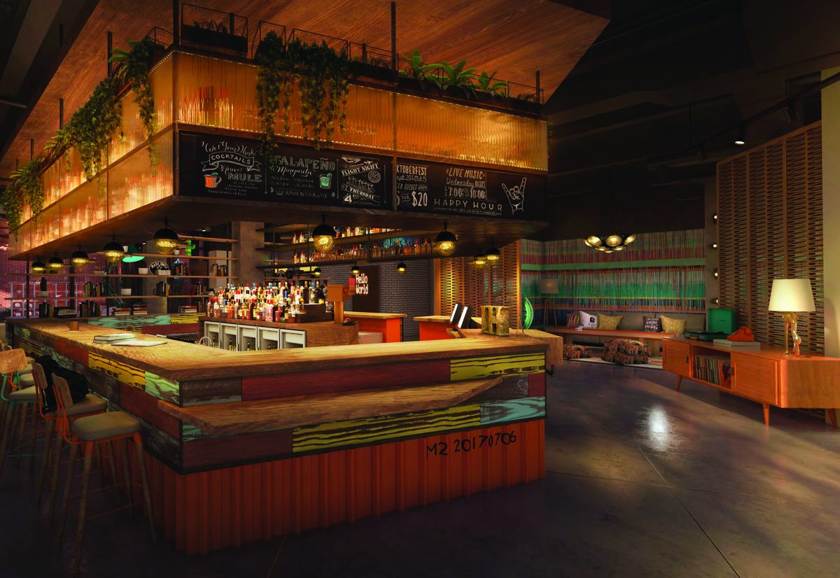 Lobby bar at the Moxy Austin University of Texas hotel